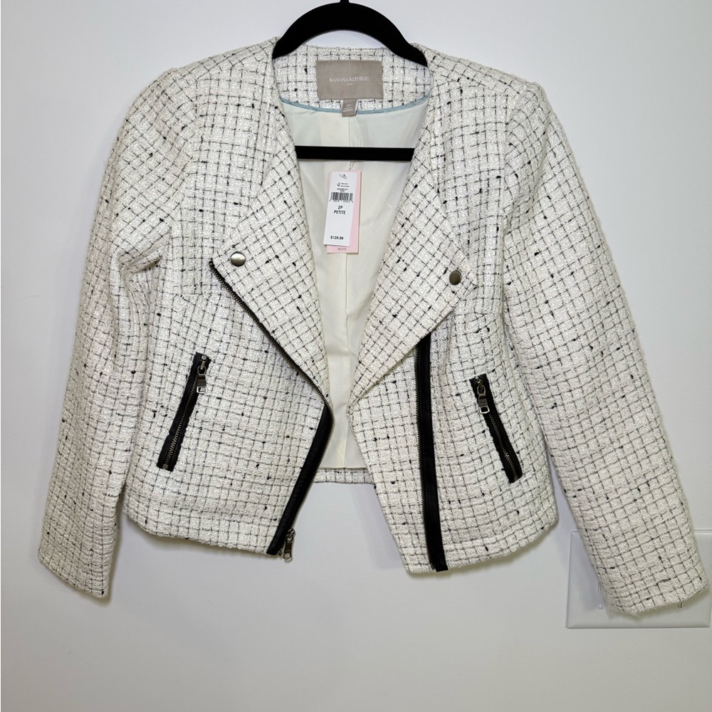Banana Republic White Tweed Blazer with Black Trim